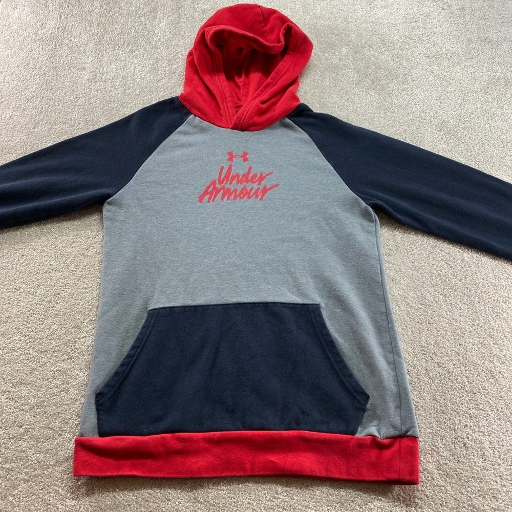 Under Armour Hoodie Youth‎ Boys XL Grey Navy Red Colorblock Logo Pullover